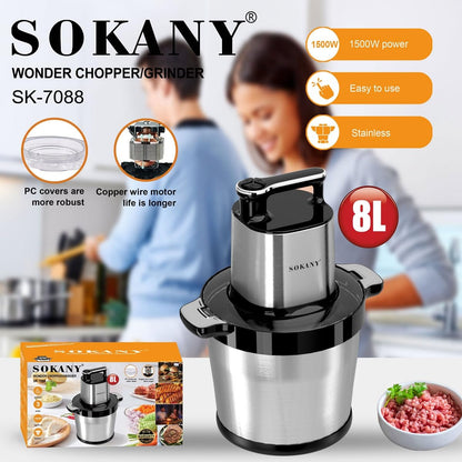 SOKANY SK-7088 – Hachoir Électrique 1500 W – Bol Inox 8 L – 3 Vitesses – 6 Lames – Neuf