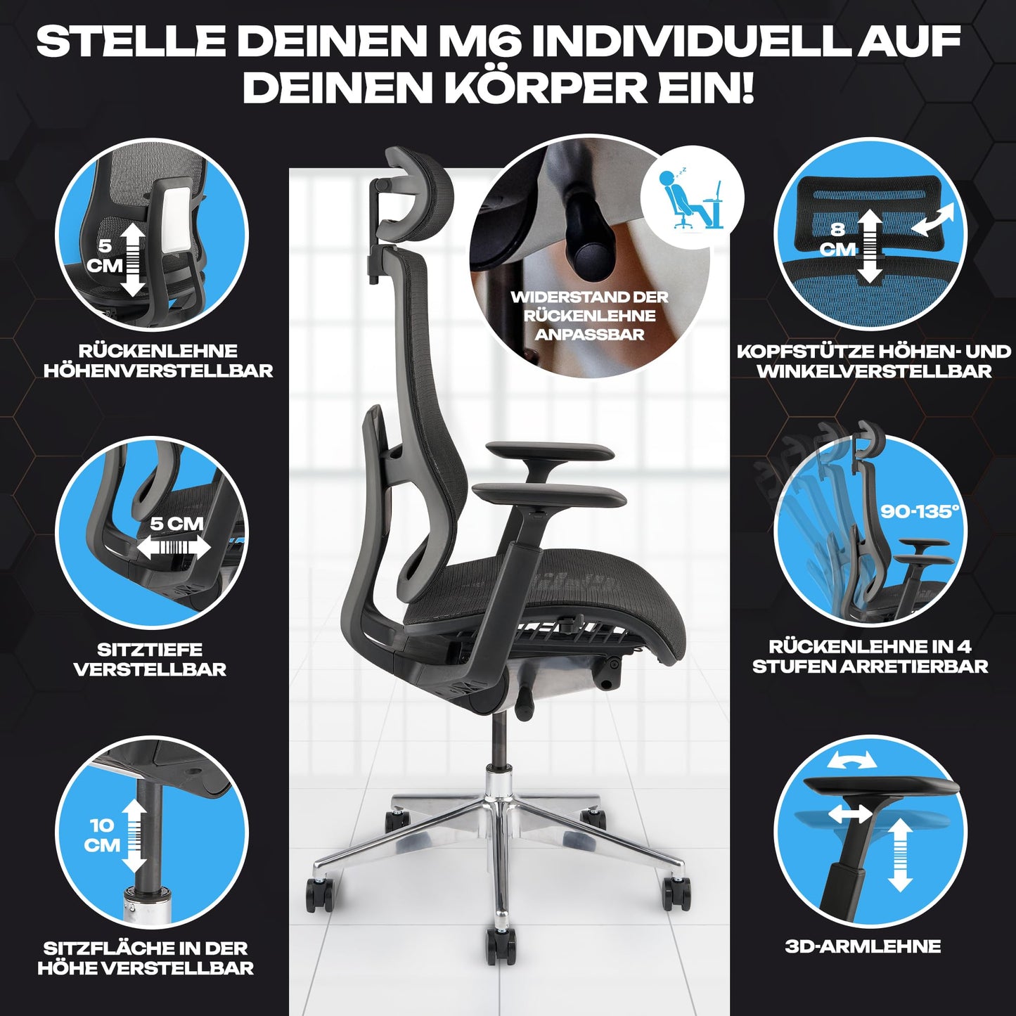 VALKENSTOL M6 – Chaise de Bureau Ergonomique en Maille – Grande Taille – Jusqu'à 150 kg