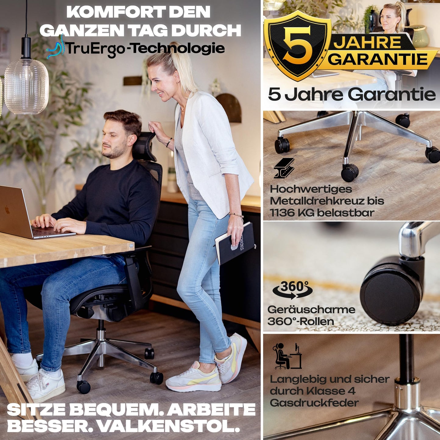 VALKENSTOL M6 – Chaise de Bureau Ergonomique en Maille – Grande Taille – Jusqu'à 150 kg