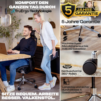 VALKENSTOL M6 – Chaise de Bureau Ergonomique en Maille – Grande Taille – Jusqu'à 150 kg