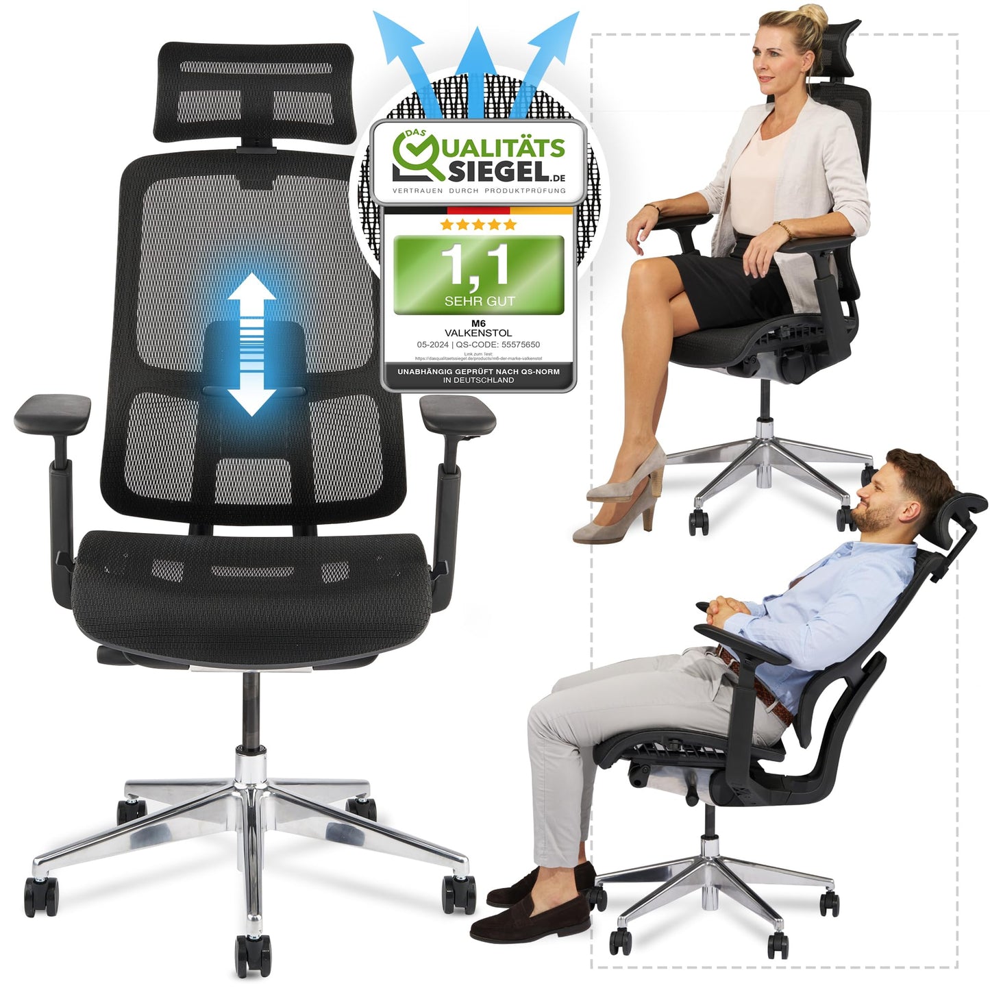 VALKENSTOL M6 – Chaise de Bureau Ergonomique en Maille – Grande Taille – Jusqu'à 150 kg