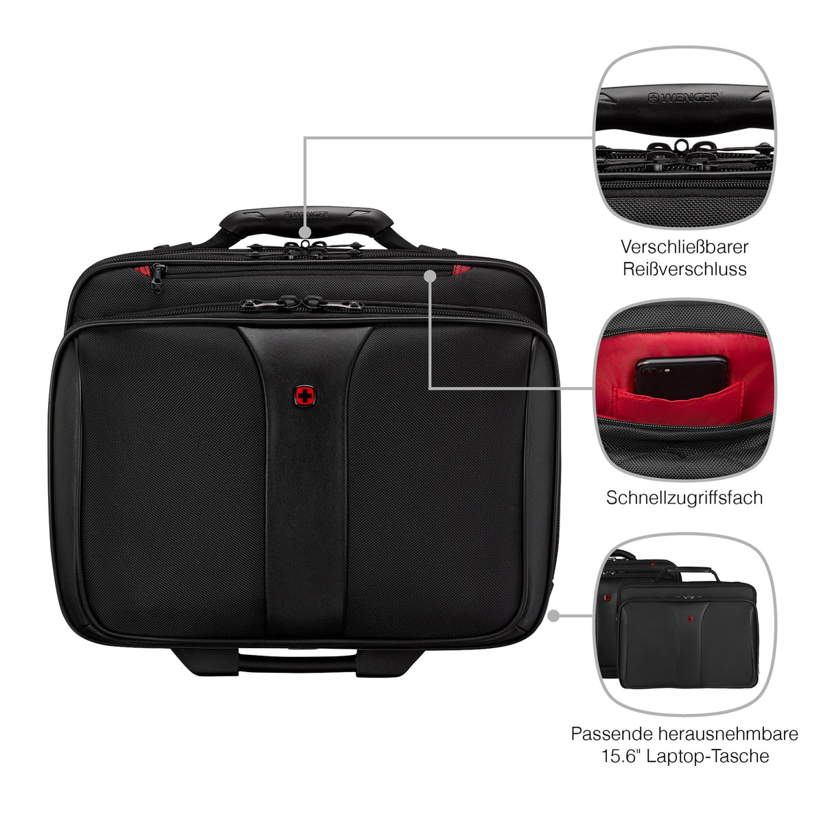 WENGER Patriot 2-en-1 – Trolley Ordinateur Portable 17" avec Sacoche PC 15,6" Amovible – Noir – Neuf